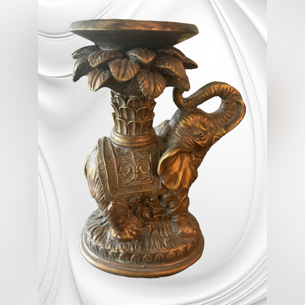 Elephant on Podium Pillar Candlestick Holder, Brass Coloring